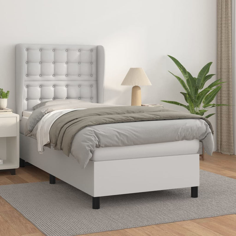 Pat box spring cu saltea, alb, 100x200 cm, piele ecologică