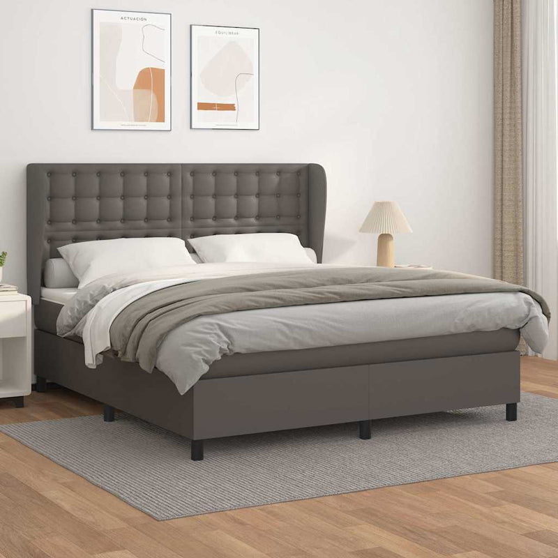 Pat box spring cu saltea, gri, 160x200 cm, piele ecologică