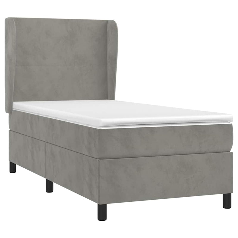 Pat box spring cu saltea, gri deschis, 90x190 cm, catifea