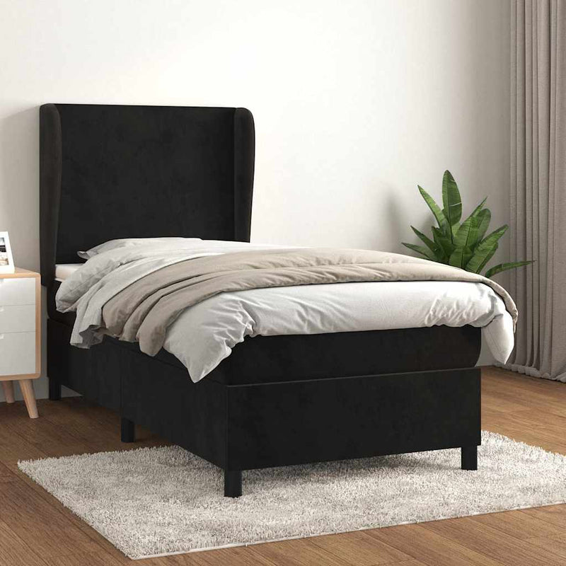 Pat box spring cu saltea, negru, 90x200 cm, catifea