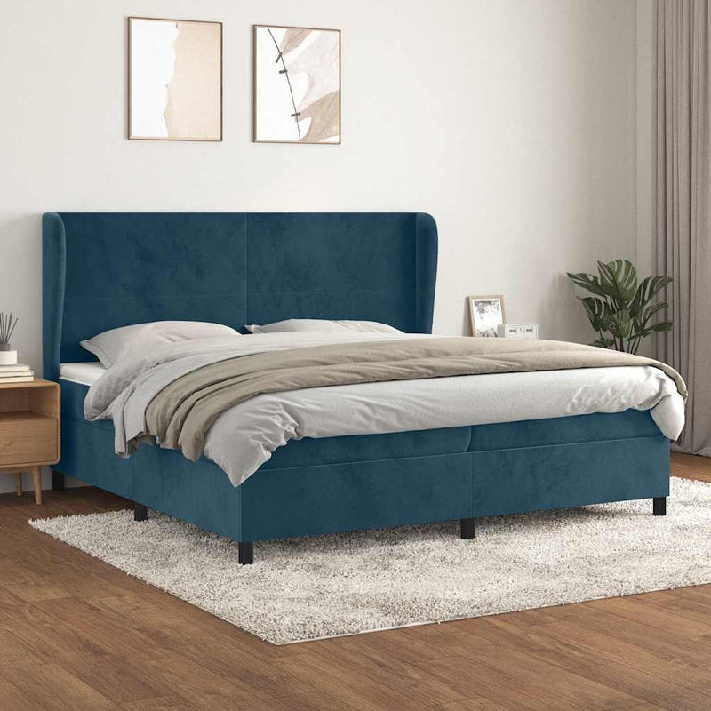 Pat box spring cu saltea, albastru închis, 200x200 cm, catifea