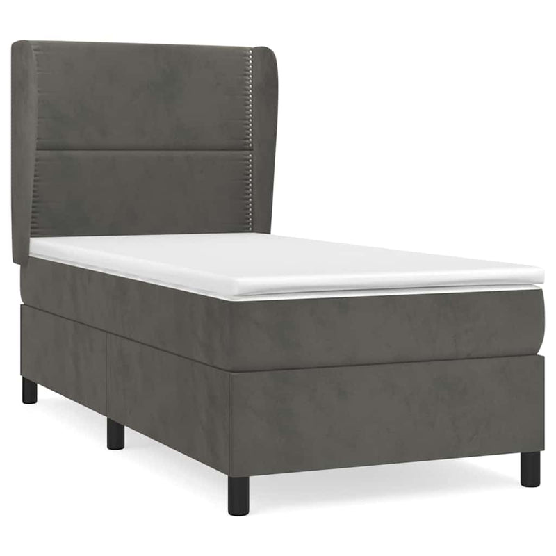 Pat box spring cu saltea, gri închis, 90x200 cm, catifea
