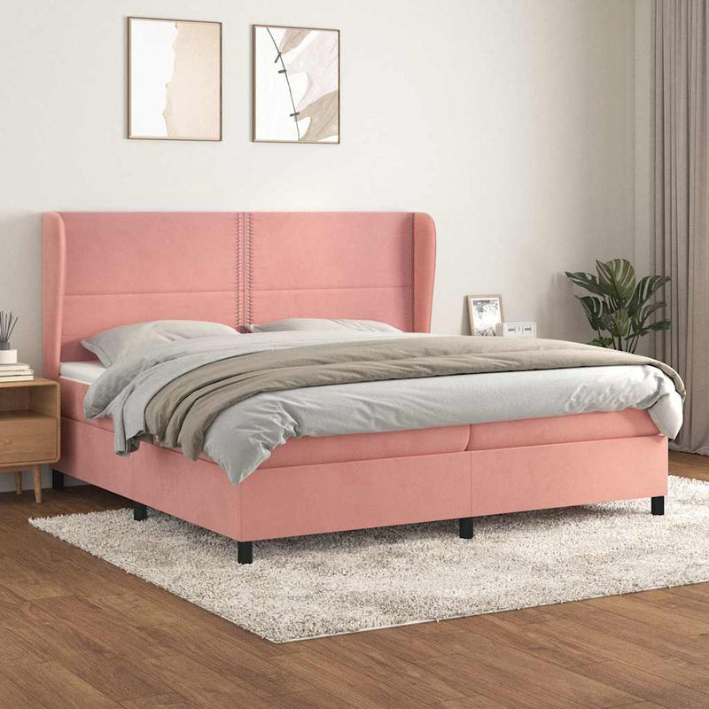 Pat box spring cu saltea, roz, 200x200 cm, catifea