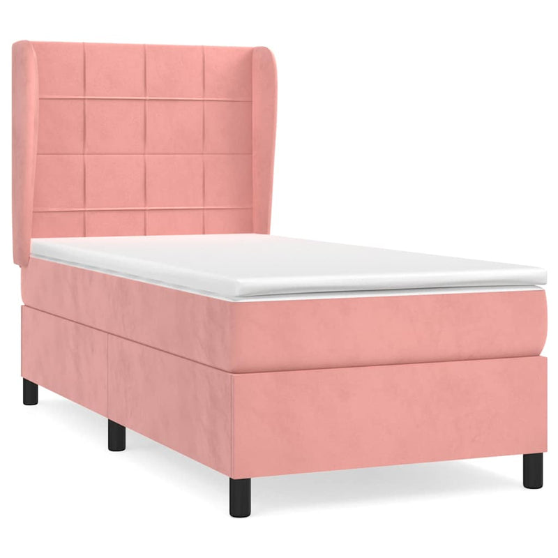 Pat box spring cu saltea, roz, 90x190 cm, catifea