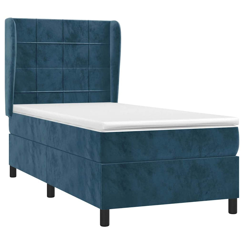 Pat box spring cu saltea, albastru închis, 90x200 cm, catifea