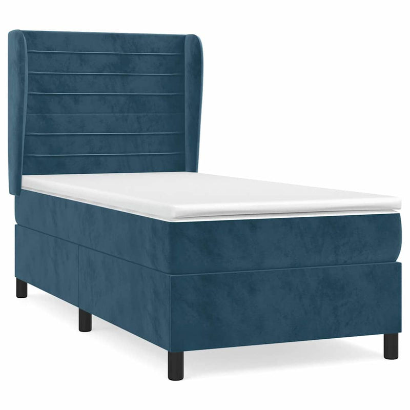 Pat box spring cu saltea, albastru închis, 90x190 cm, catifea