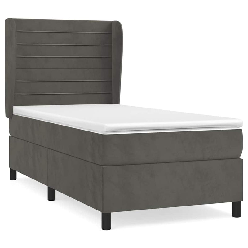 Pat box spring cu saltea, gri închis, 90x200 cm, catifea