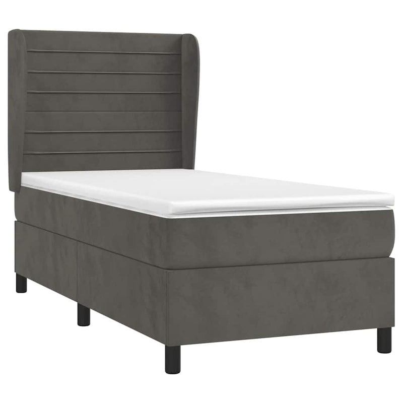 Pat box spring cu saltea, gri închis, 90x200 cm, catifea