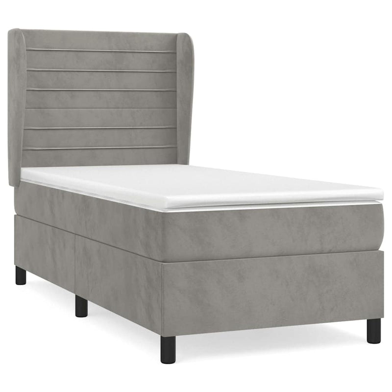 Pat box spring cu saltea, gri deschis, 100x200 cm, catifea
