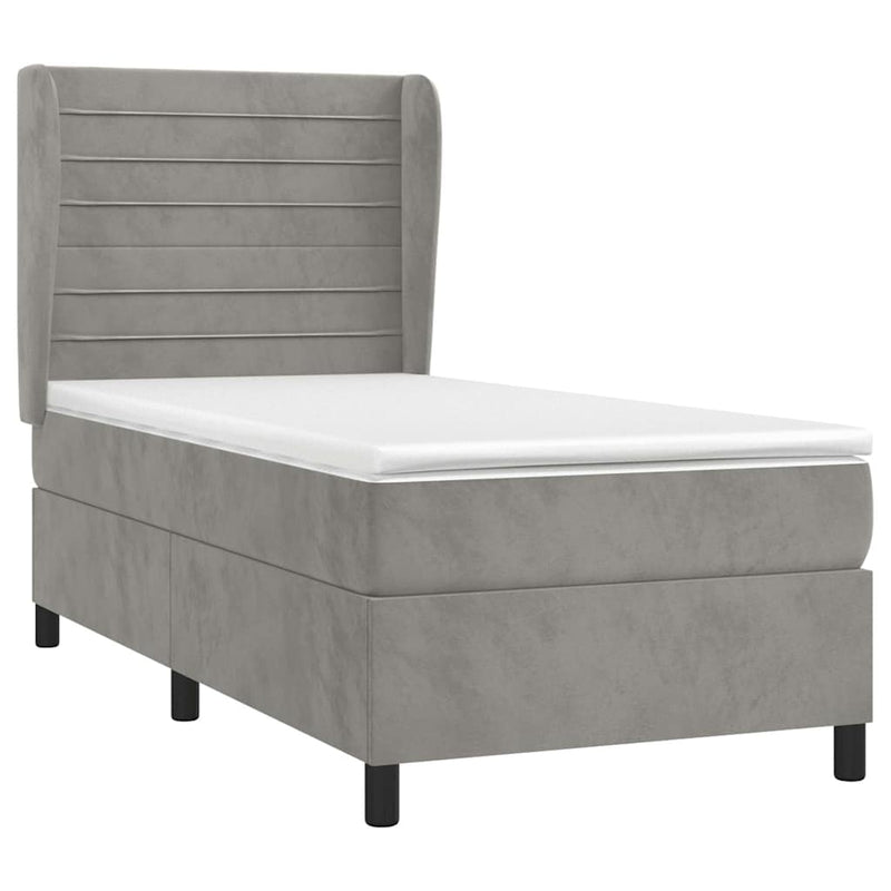 Pat box spring cu saltea, gri deschis, 100x200 cm, catifea