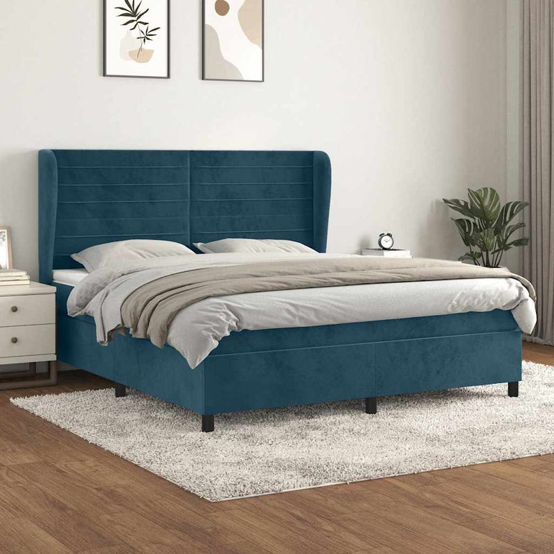 Pat box spring cu saltea, albastru închis, 160x200 cm, catifea