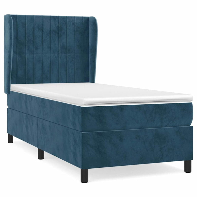 Pat box spring cu saltea, albastru închis, 90x190 cm, catifea