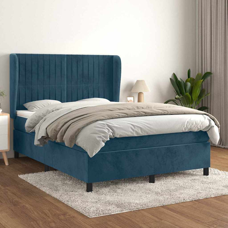 Pat box spring cu saltea, albastru închis, 140x190 cm, catifea