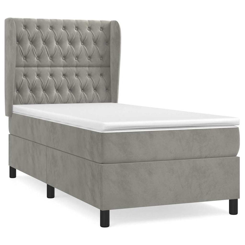 Pat box spring cu saltea, gri deschis, 100x200 cm, catifea