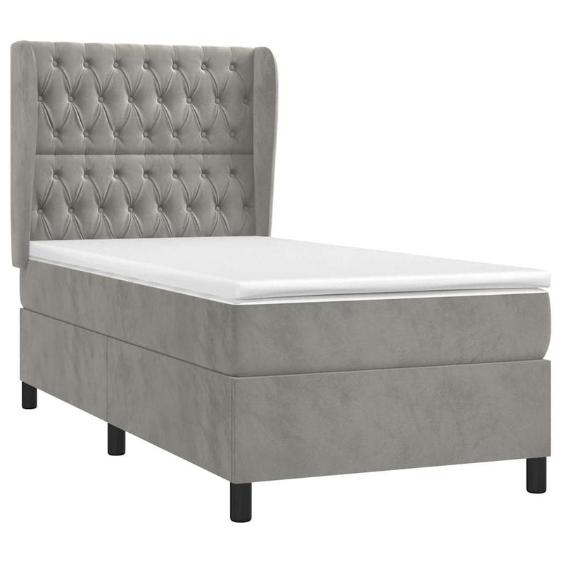 Pat box spring cu saltea, gri deschis, 100x200 cm, catifea