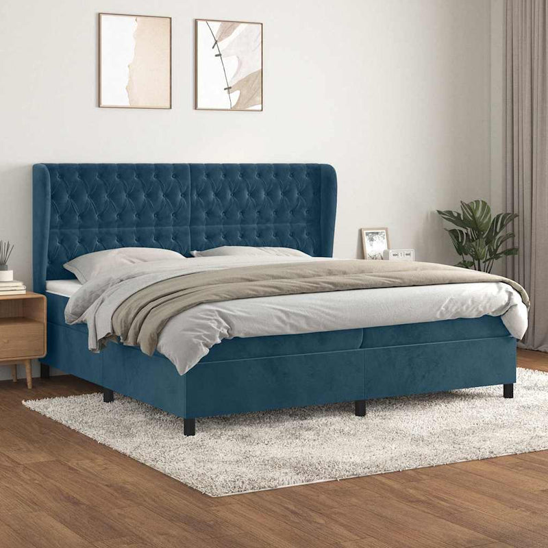 Pat box spring cu saltea, albastru închis, 200x200 cm, catifea