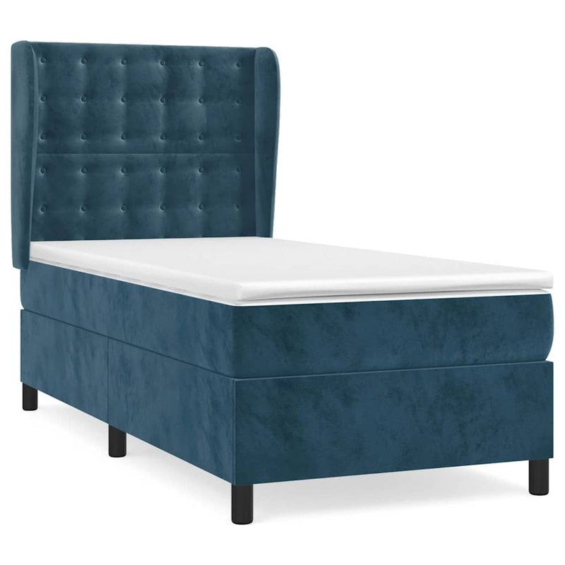Pat box spring cu saltea, albastru închis, 90x200 cm, catifea