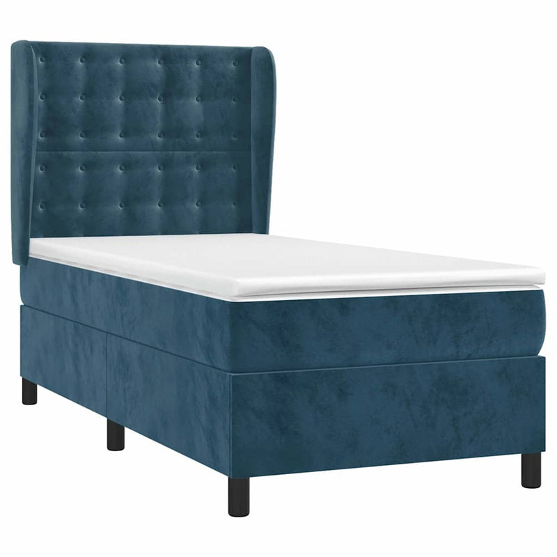Pat box spring cu saltea, albastru închis, 90x200 cm, catifea