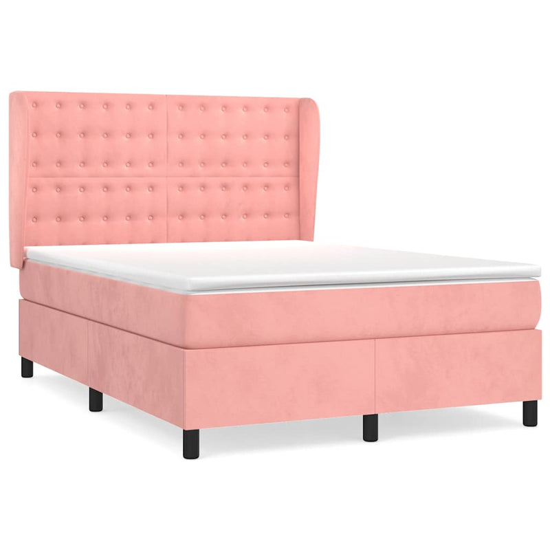 Pat box spring cu saltea, roz, 140x190 cm, catifea
