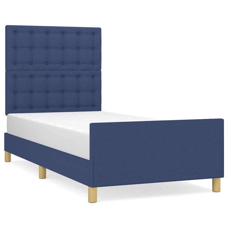 Cadru de pat cu tăblie, albastru, 90x190 cm, textil