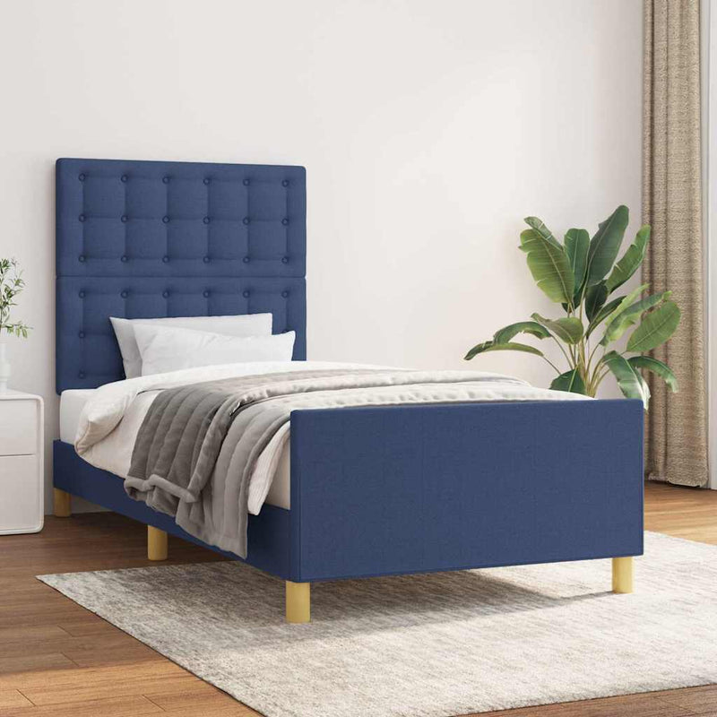 Cadru de pat cu tăblie, albastru, 90x190 cm, textil