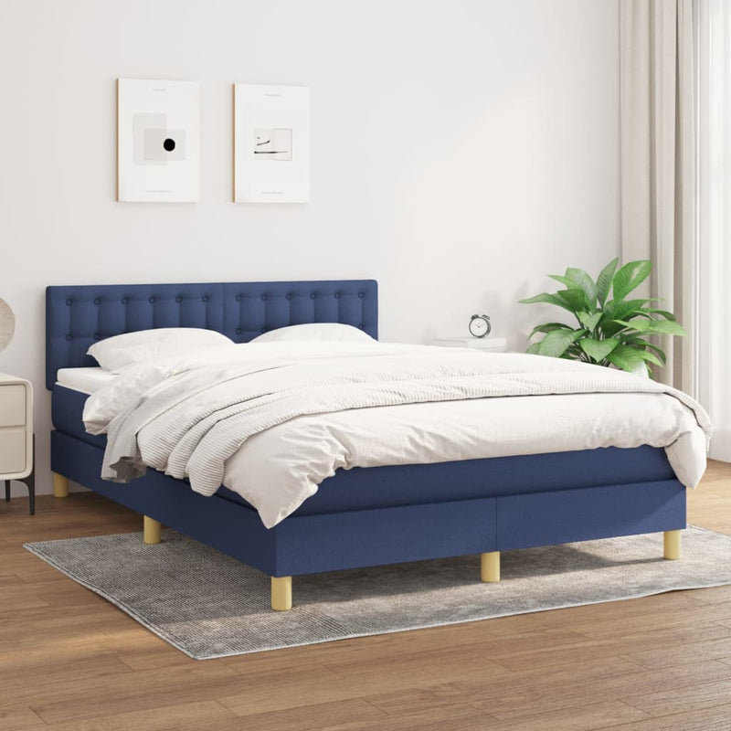 Pat continental cu saltea, albastru, 140x200cm, material textil