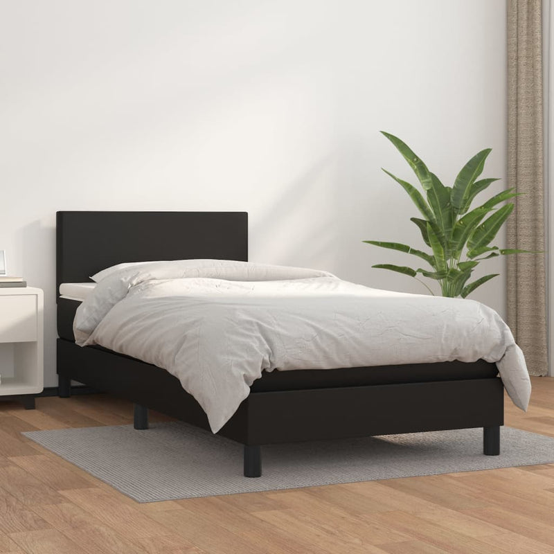 Pat box spring cu saltea, negru, 90x200 cm, piele ecologică