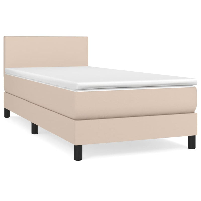 Pat box spring cu saltea, cappuccino, 90x200 cm piele ecologică