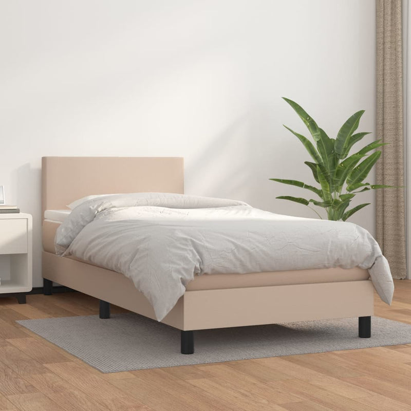 Pat box spring cu saltea, cappuccino, 90x200 cm piele ecologică