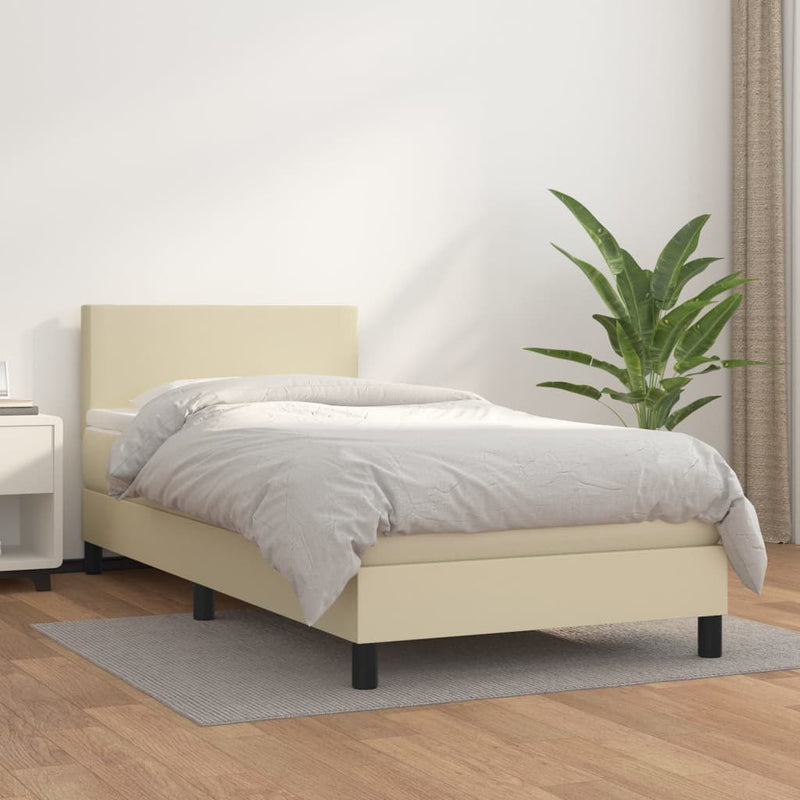Pat box spring cu saltea, crem, 100x200 cm, piele ecologică