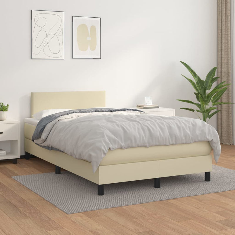 Pat box spring cu saltea, crem, 120x200 cm, piele ecologică