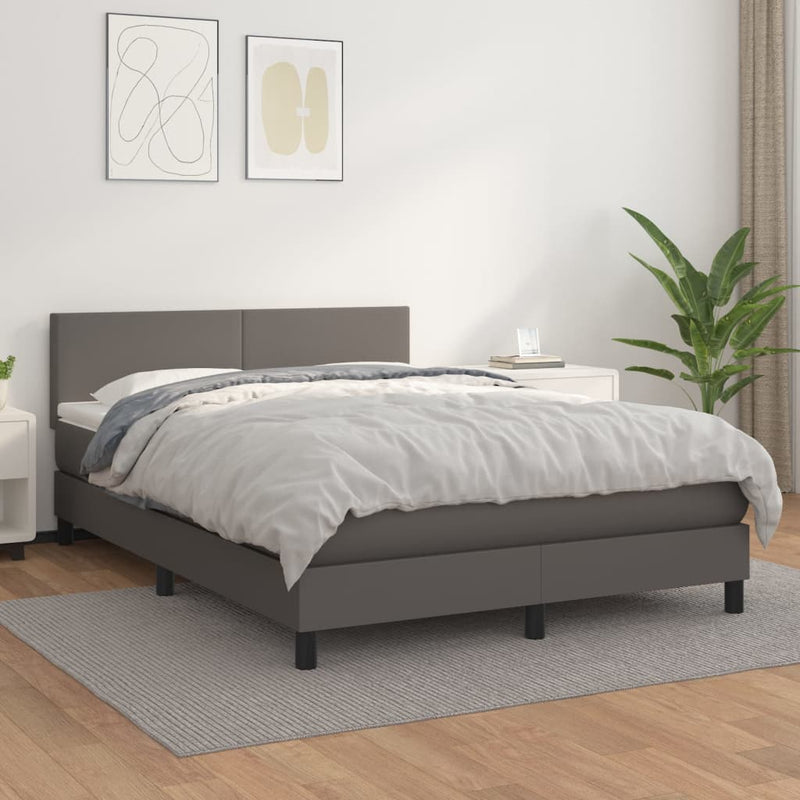 Pat box spring cu saltea, gri, 140x190 cm, piele ecologică