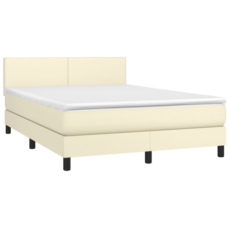 Pat box spring cu saltea, crem, 140x200 cm, piele ecologică