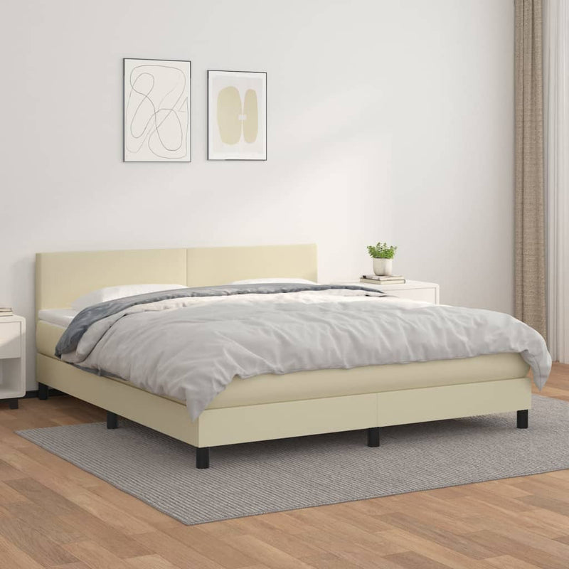 Pat box spring cu saltea, crem, 180x200 cm, piele ecologică