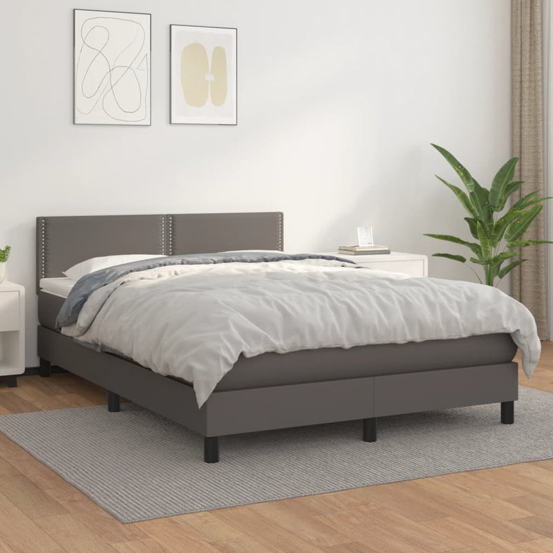 Pat box spring cu saltea, gri, 140x190 cm, piele ecologică