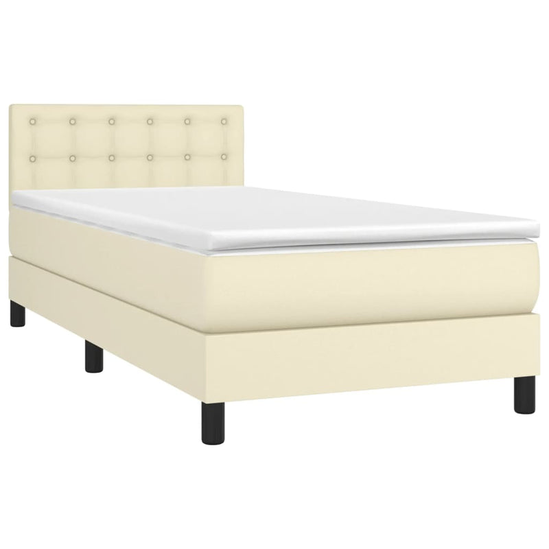 Pat box spring cu saltea, crem, 90x190 cm, piele ecologică