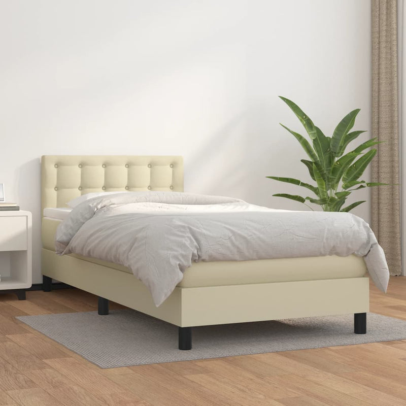 Pat box spring cu saltea, crem, 90x190 cm, piele ecologică