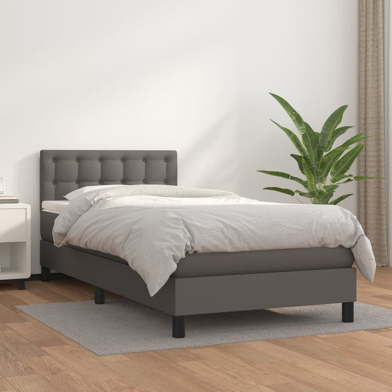 Pat box spring cu saltea, gri, 90x190 cm, piele ecologică