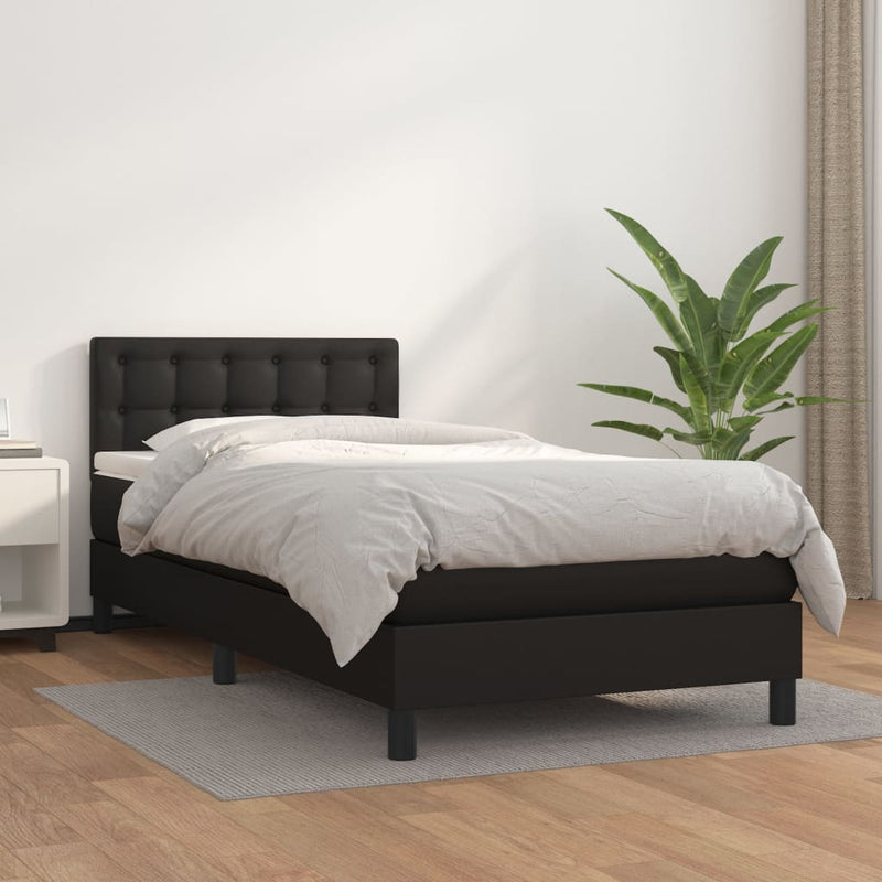 Pat box spring cu saltea, negru, 90x200 cm, piele ecologică
