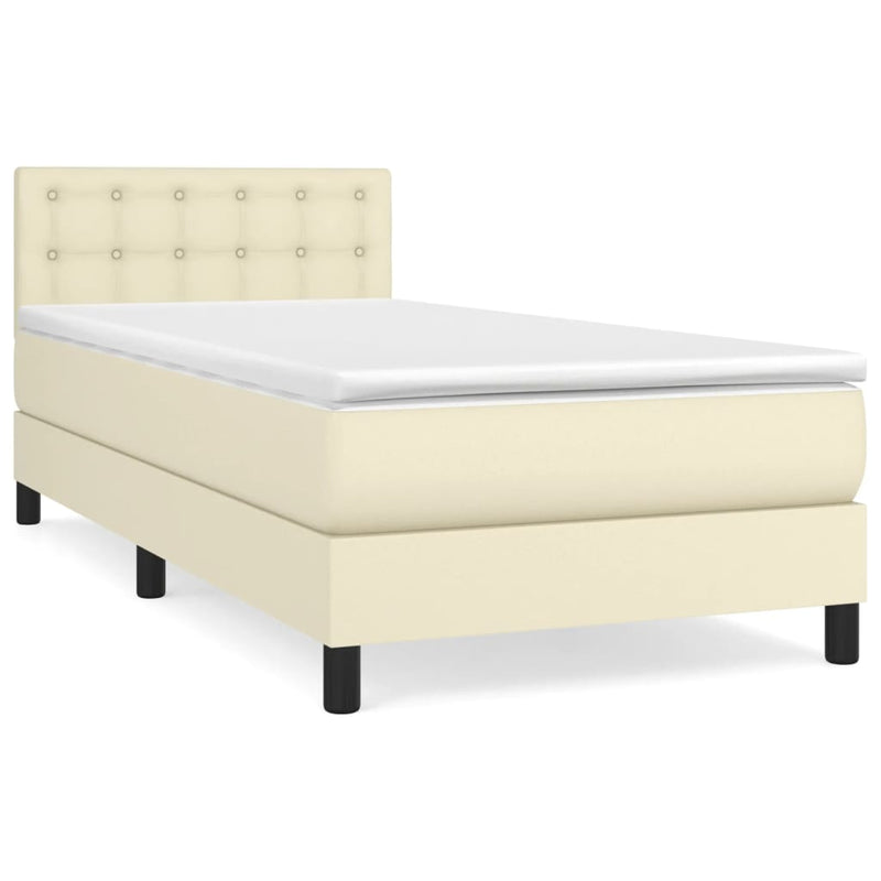 Pat box spring cu saltea, crem, 90x200 cm, piele ecologică