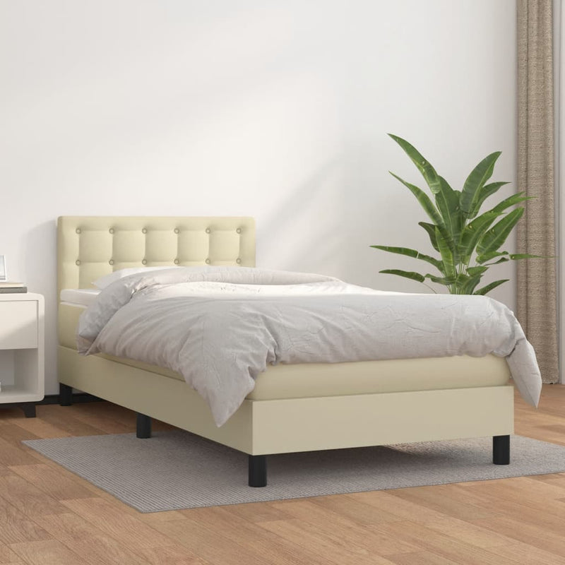 Pat box spring cu saltea, crem, 90x200 cm, piele ecologică