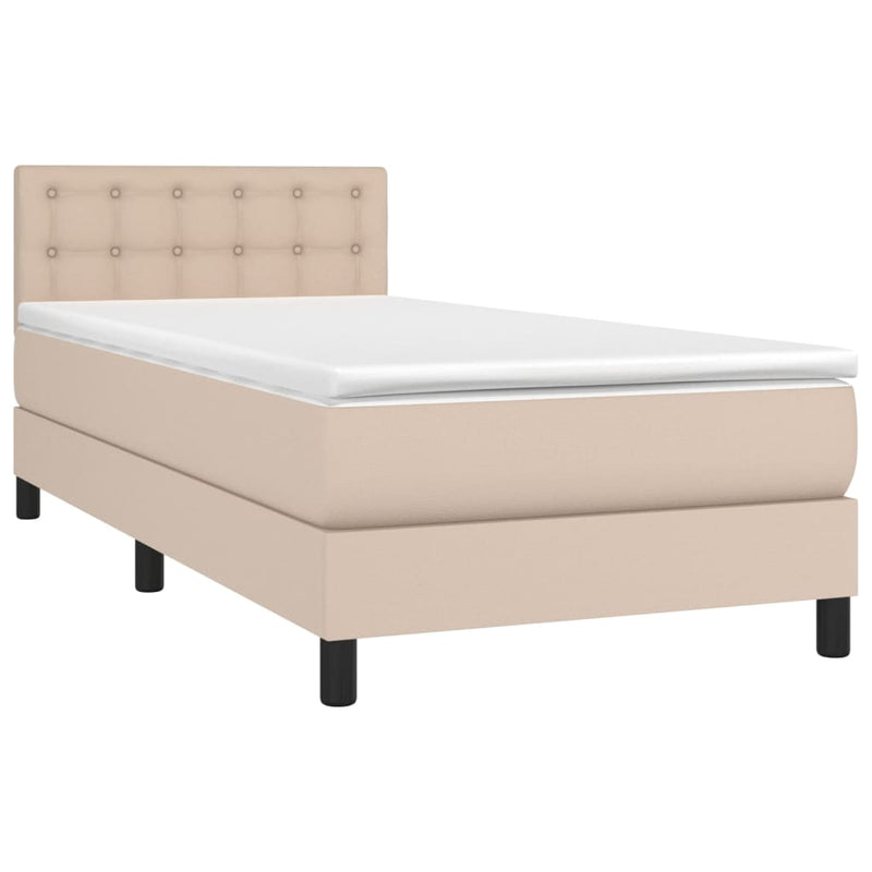 Pat box spring cu saltea, cappuccino, 90x200 cm piele ecologică