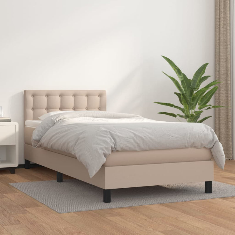 Pat box spring cu saltea, cappuccino, 90x200 cm piele ecologică