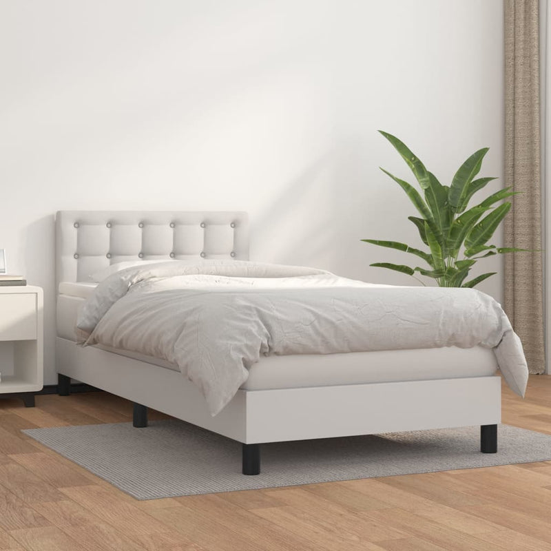 Pat box spring cu saltea, alb, 100x200 cm, piele ecologică