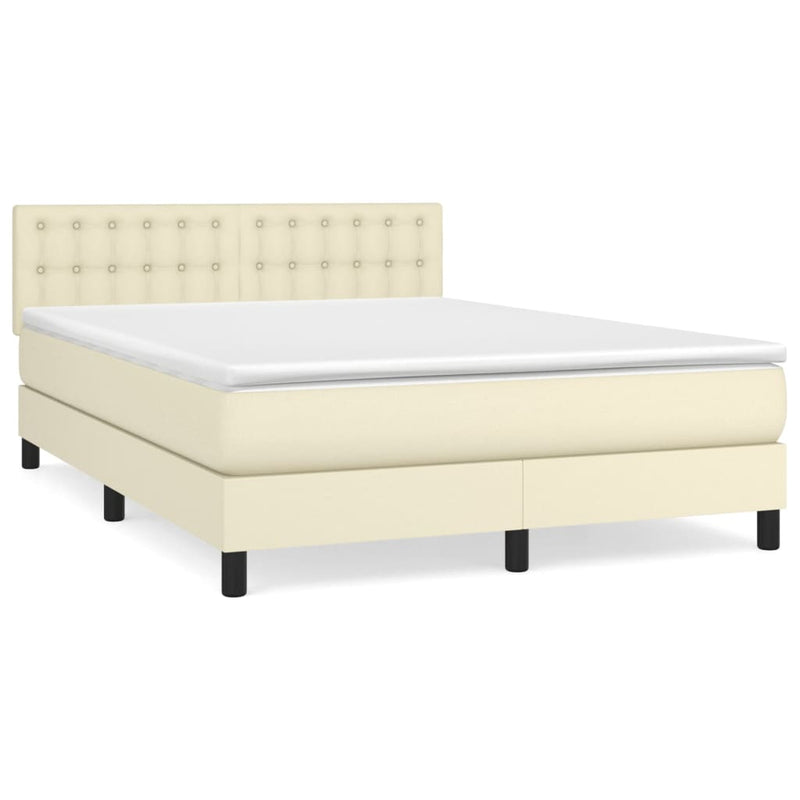 Pat box spring cu saltea, crem, 140x200 cm, piele ecologică