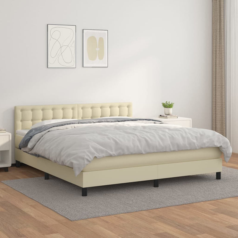 Pat box spring cu saltea, crem, 160x200 cm, piele ecologică