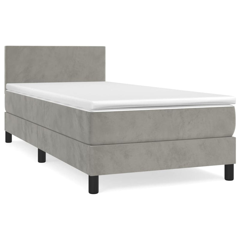 Pat box spring cu saltea, gri deschis, 90x190 cm, catifea