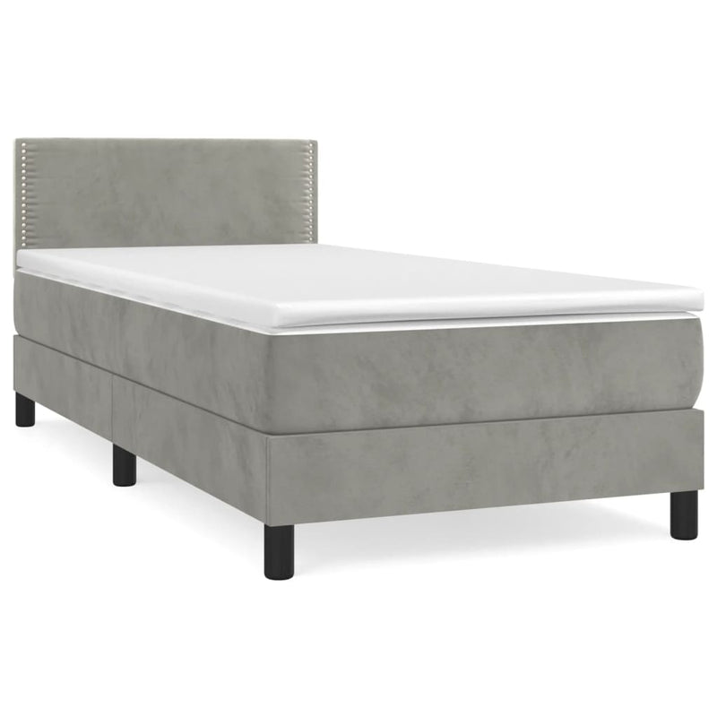 Pat box spring cu saltea, gri deschis, 90x200 cm, catifea