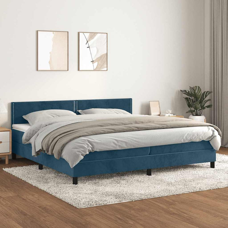 Pat box spring cu saltea, albastru închis, 200x200 cm, catifea