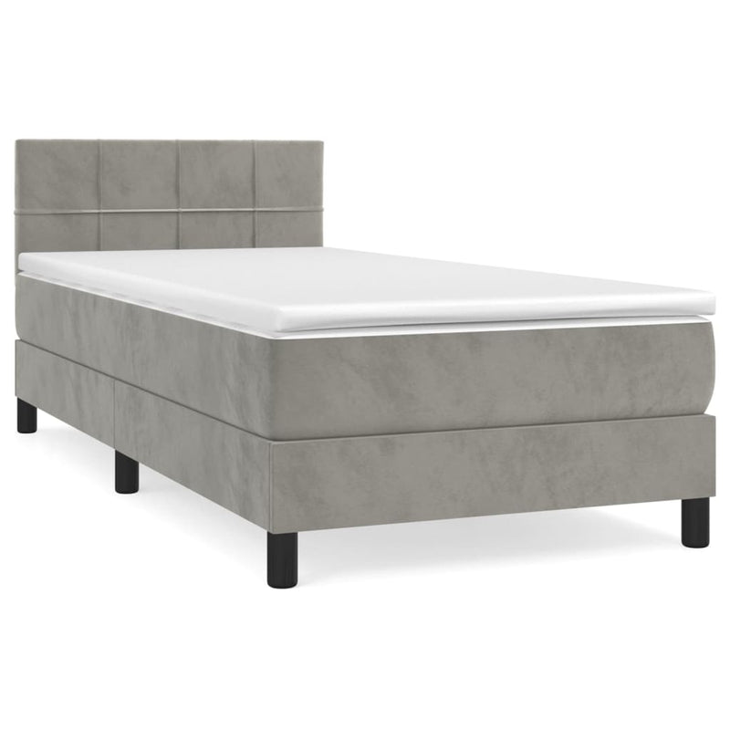 Pat box spring cu saltea, gri deschis, 80x200 cm, catifea